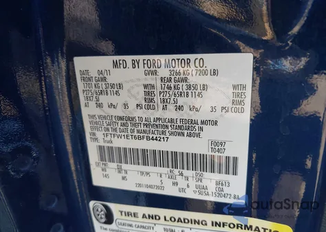 2011 Ford F-150 Xlt from USA, damaged, VIN 1FTFW1ET6BFB44217